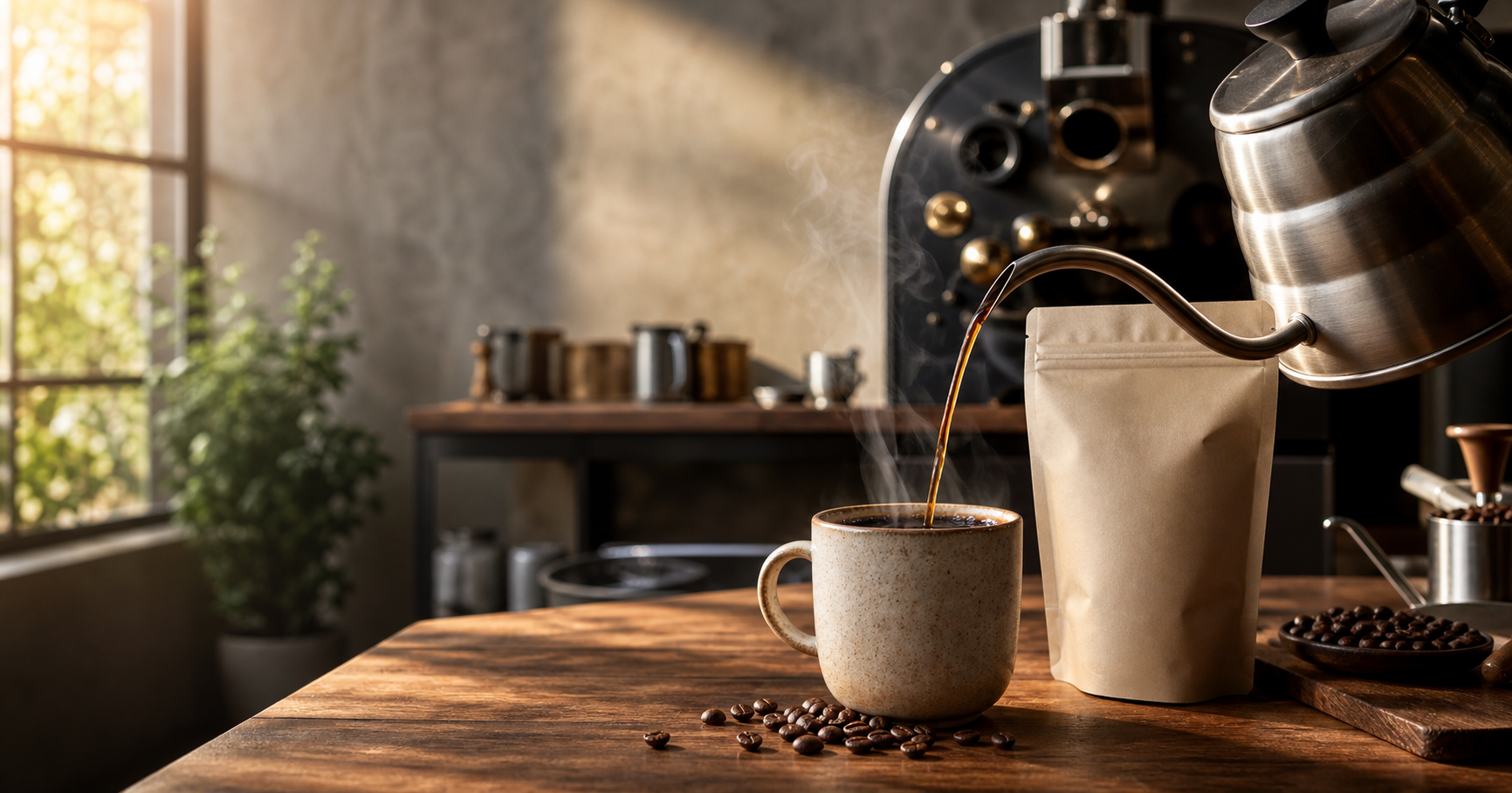 Fresh coffee beside an unbranded bag in a softly lit roasting studio.